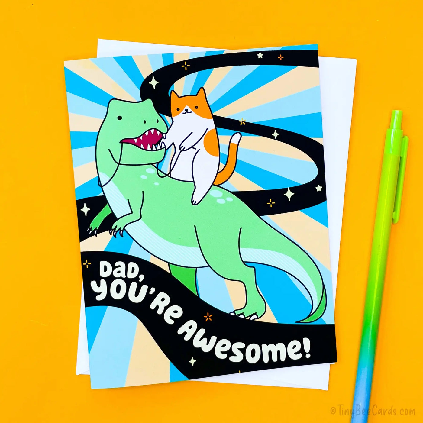 "Dad, You're Awesome!" Cat Riding T-Rex | Father's Day Card