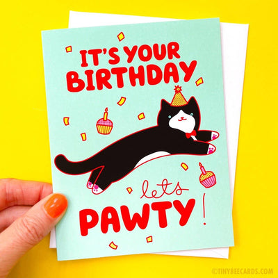 Tuxedo Cat "Let's Pawty!" | Birthday Card - Tiny Bee Cards - The Sock Monster