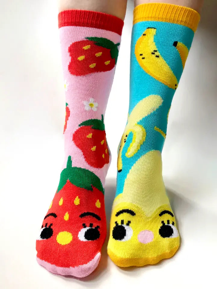 Strawberry and Banana | Teen and Adult Socks | Mismatched Cute Crazy Fun Socks