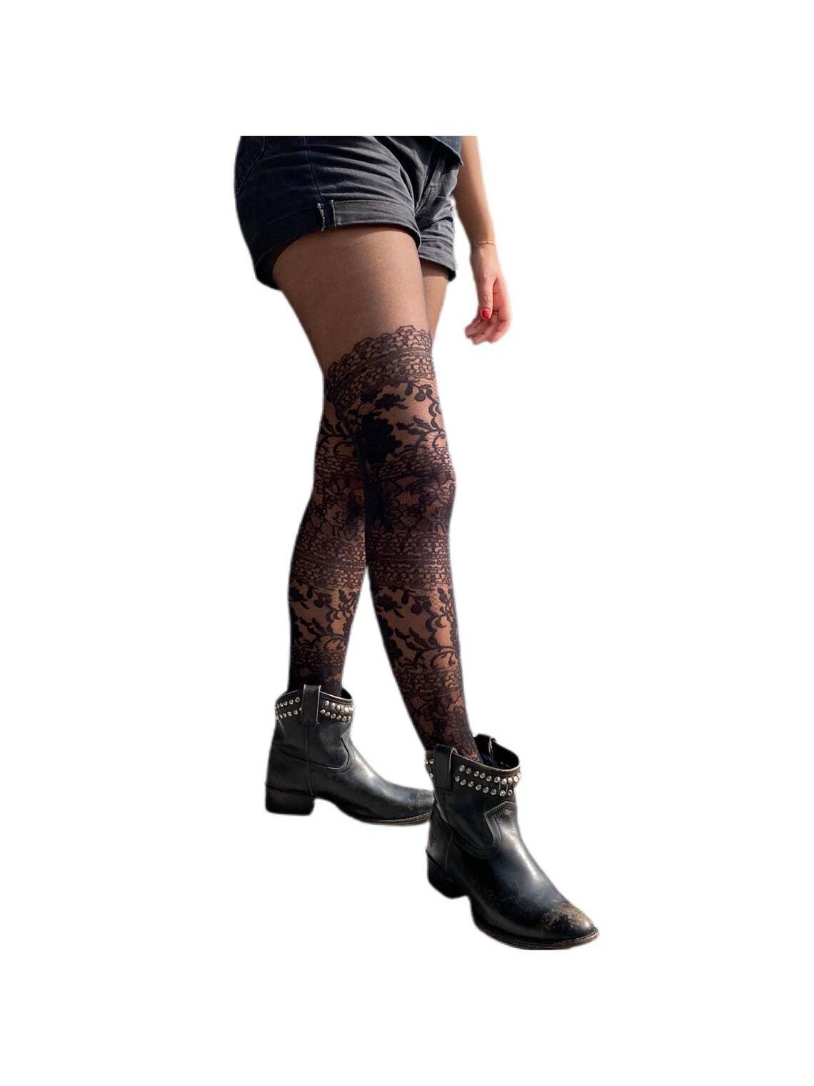 Black Lace sheer Illusion Thigh High Tights - Malka Chic - The Sock Monster