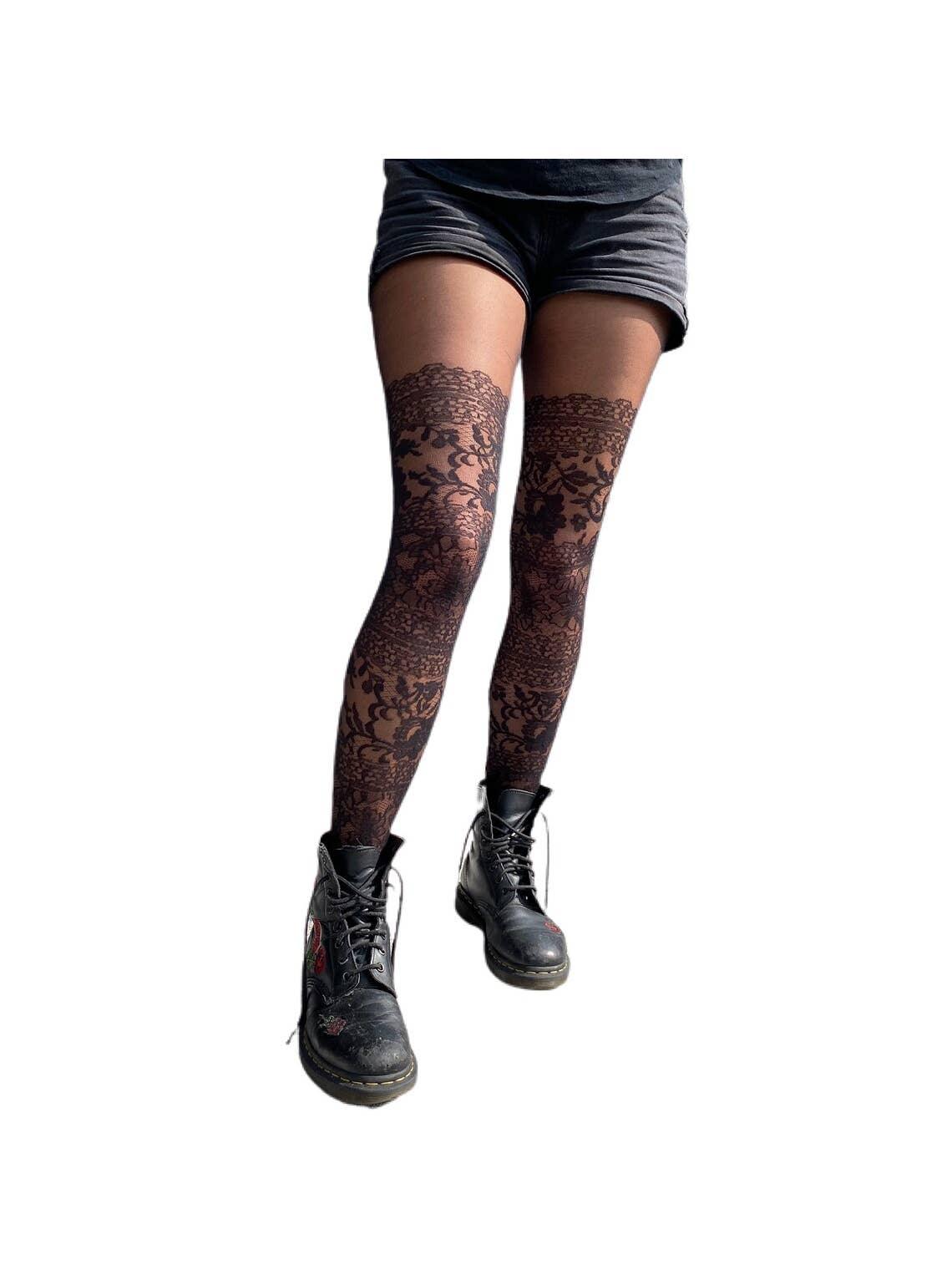 Black Lace sheer Illusion Thigh High Tights - Malka Chic - The Sock Monster
