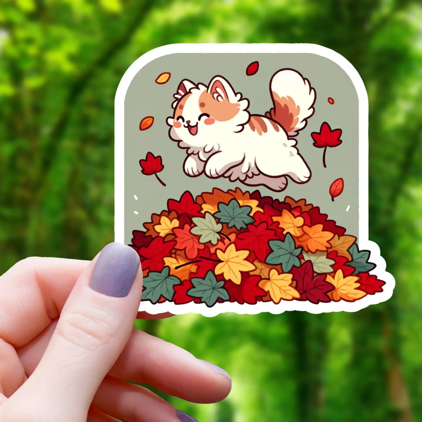 Cat Jumping Into Leaves | Vinyl Sticker