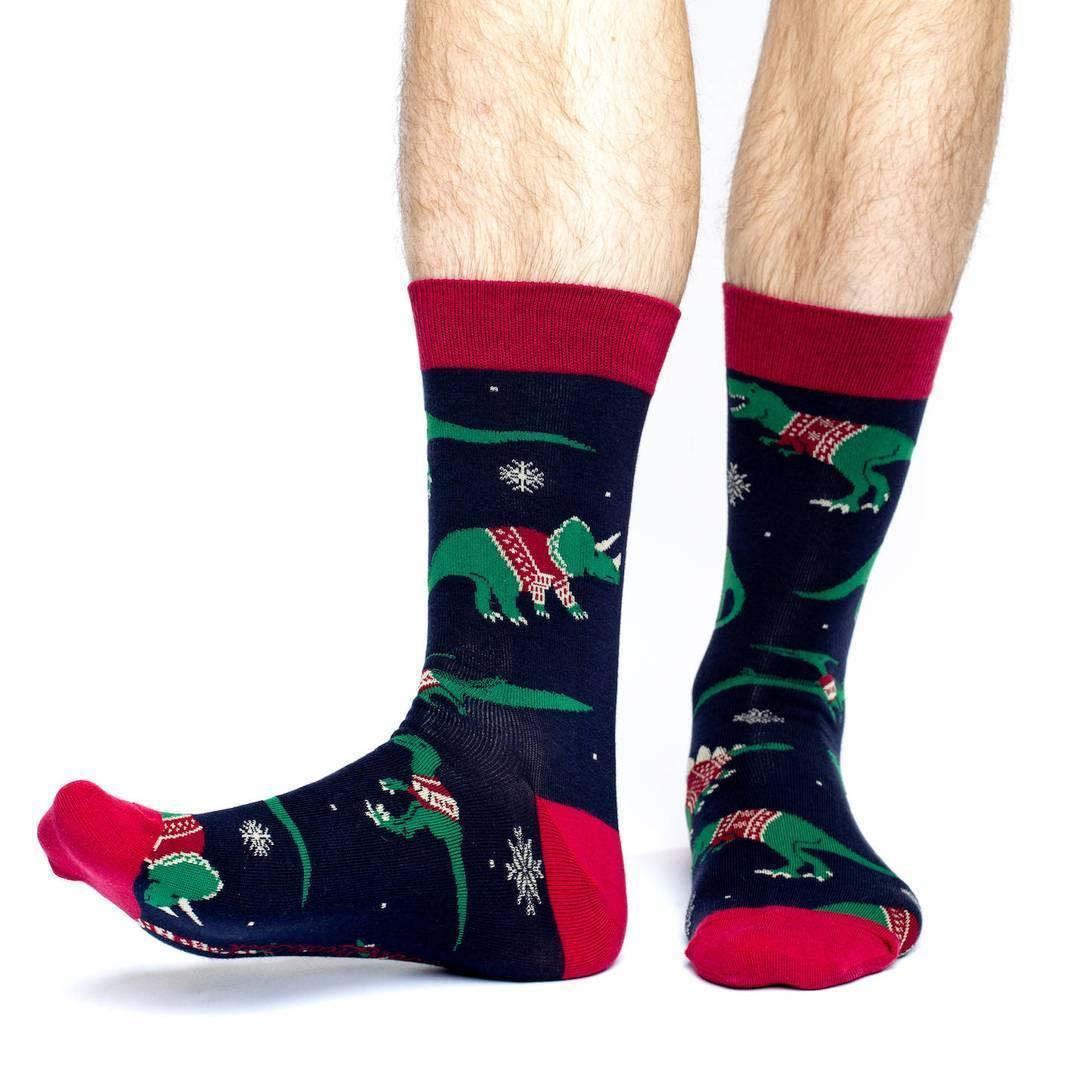 Christmas Sweater Dinosaurs, Large (7-12 Men's) Crew - Good Luck Sock - The Sock Monster