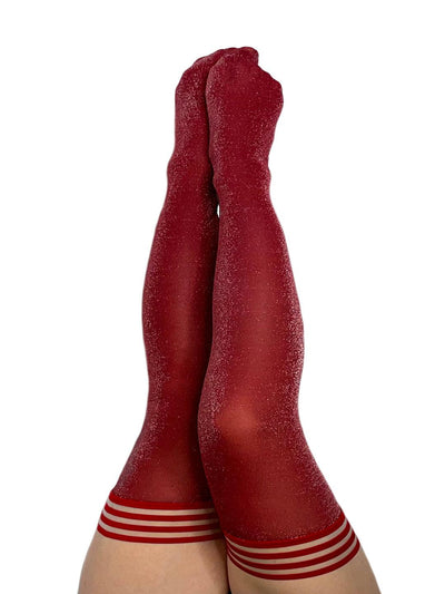 HOLLY: SHIMMER CRANBERRY THIGH HIGHS. PETITE TO PLUS SIZE - KIXIES - The Sock Monster