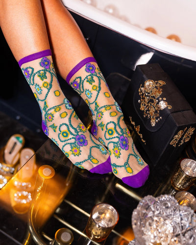 Jeweled Floral | Gold Shimmer Sheer Crew Sock