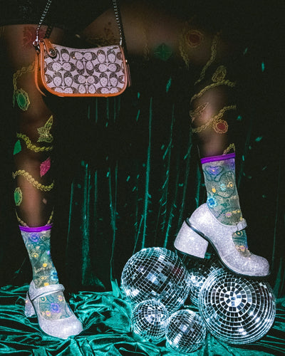 Jeweled Floral | Gold Shimmer Sheer Crew Sock