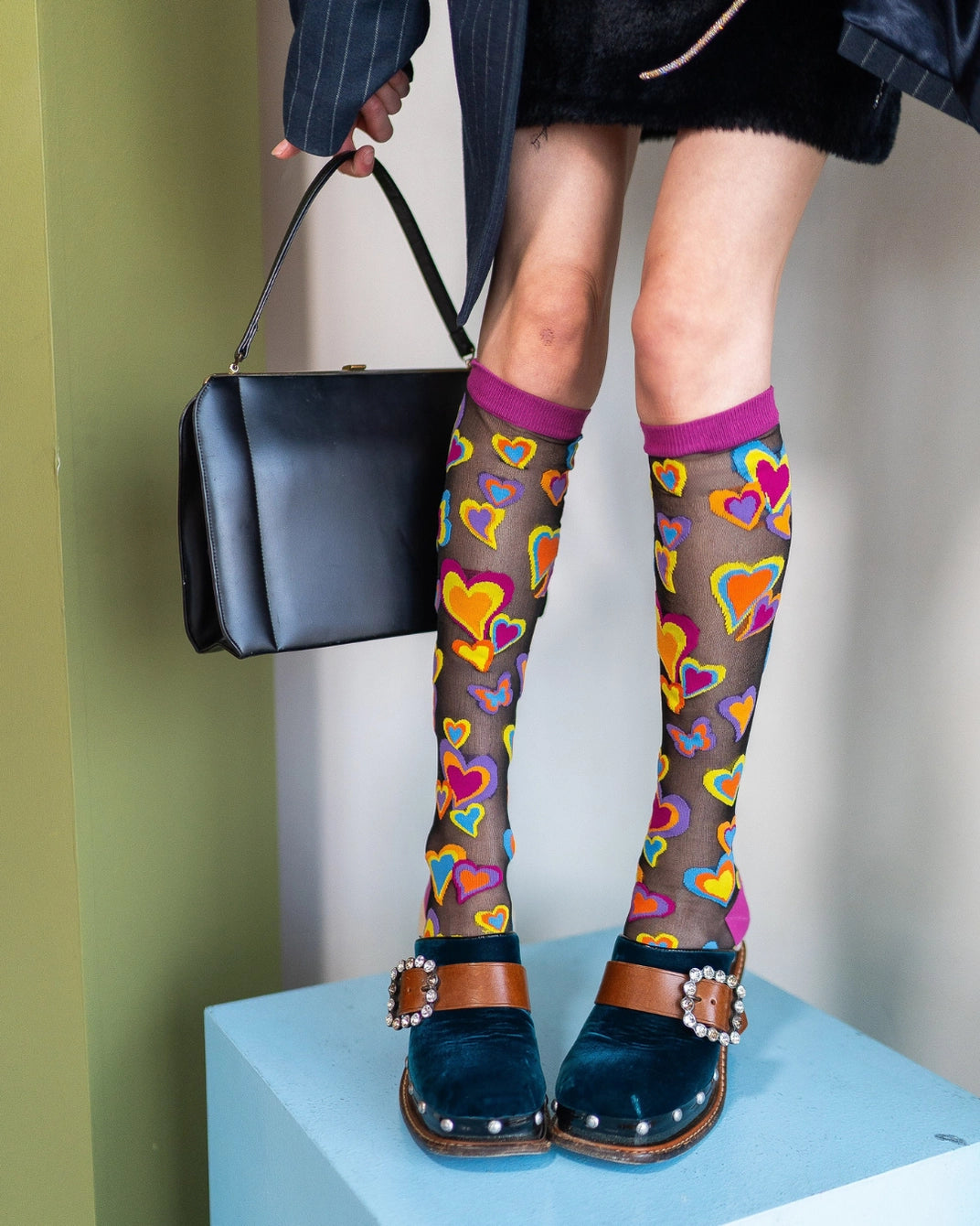 Y2K Hearts | Black Sheer Knee-High Sock