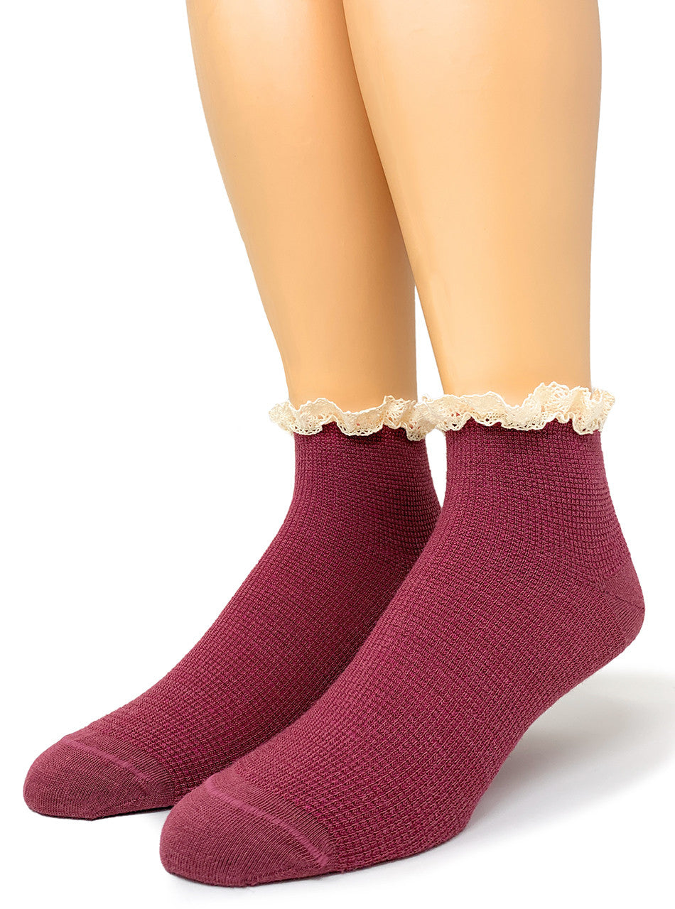 Waffle Knit | Lace-Trimmed Alpaca Anklet Socks