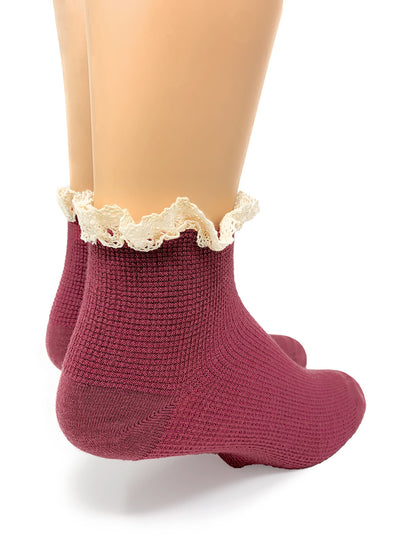 Waffle Knit | Lace-Trimmed Alpaca Anklet Socks