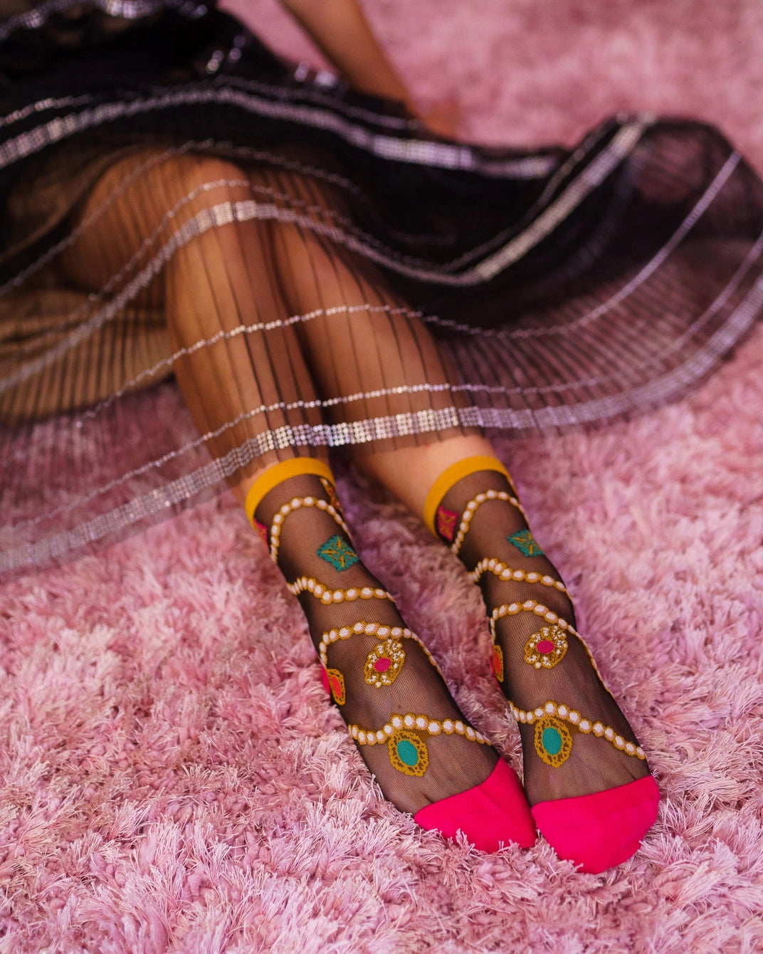 Pearls & Jewels | Black Sheer Crew Sock