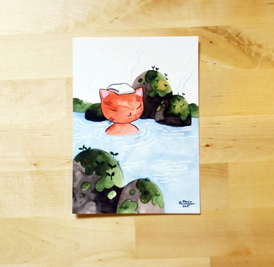 Postcard - Onsen Cat | Mini Print - 5x7 - Stasia Burrington - The Sock Monster
