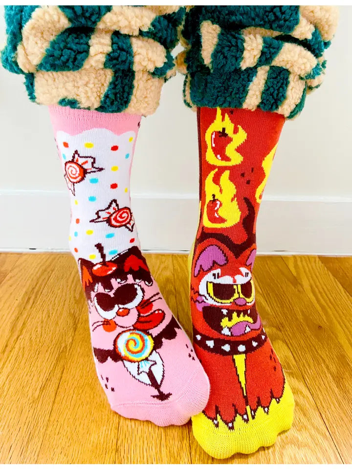 Purrty Sweet and Feline Spicy | Teen and Adult Socks | Mismatched Cute Crazy Fun Socks