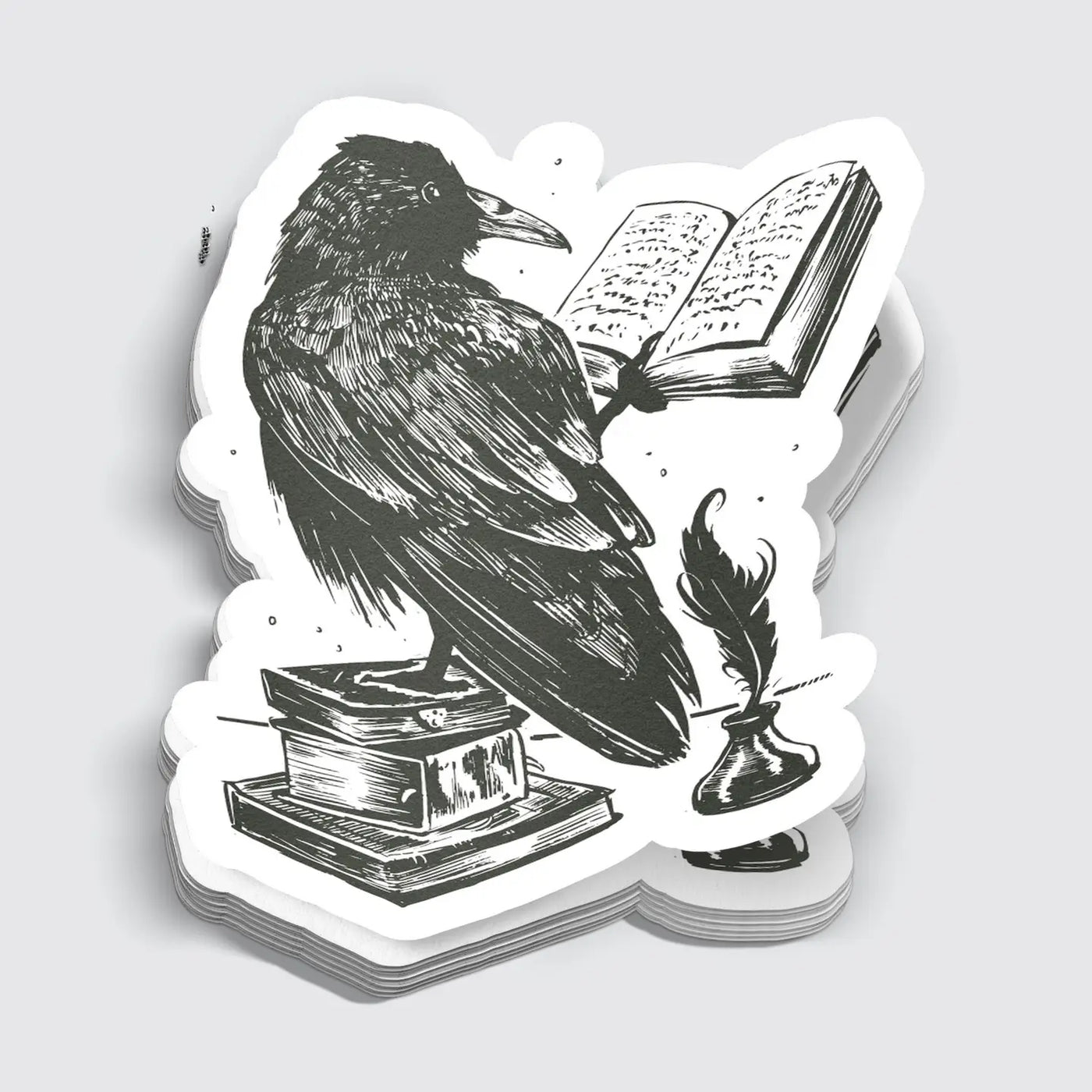 Black Ink Raven Reading a Book | Vinyl Sticker