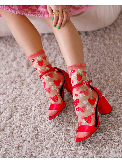 Strawberry Daisy | Ruffled Sheer Crew Sock