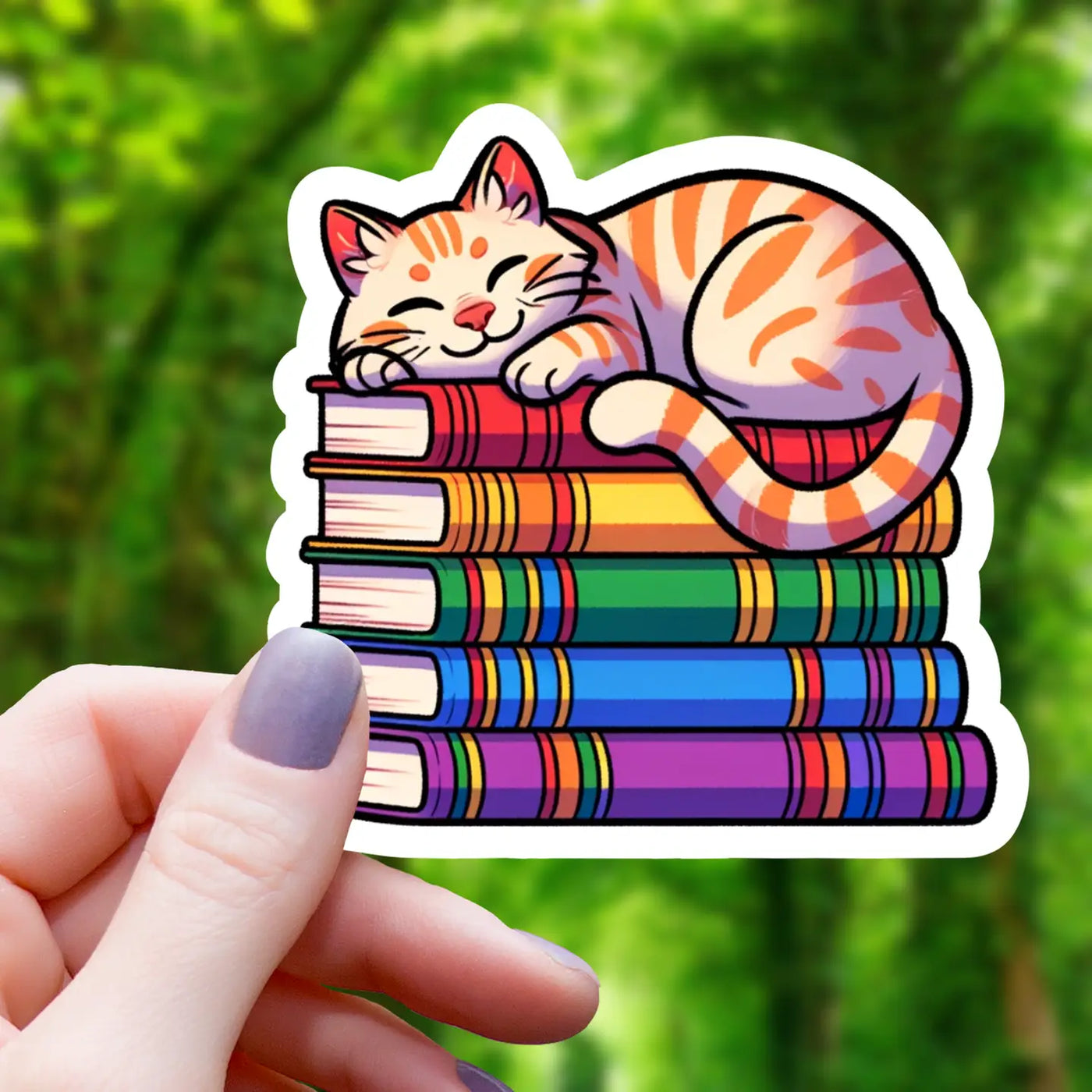 Tabi Cat on Pile of Books | Vinyl Sticker