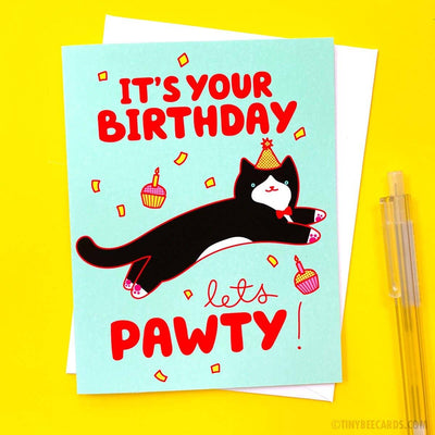 Tuxedo Cat "Let's Pawty!" | Birthday Card - Tiny Bee Cards - The Sock Monster