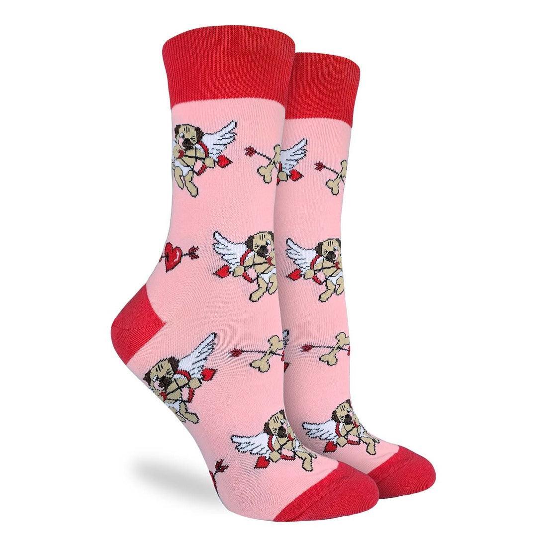 Valentine's Day Cupid Pugs, Medium (5-9 Women's) Crew - Good Luck Sock - The Sock Monster